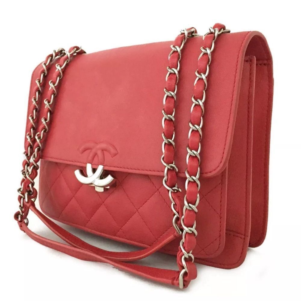 Auth Chanel Tramezzo Box Flap Double CC Logo Calfskin Chain Shoulder Bag Red - Picture 3 of 11